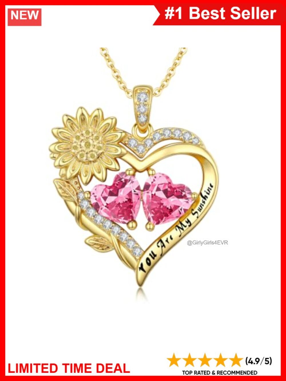Heart Sunflower Birthstone Necklace 14K Gold Plated Pendant